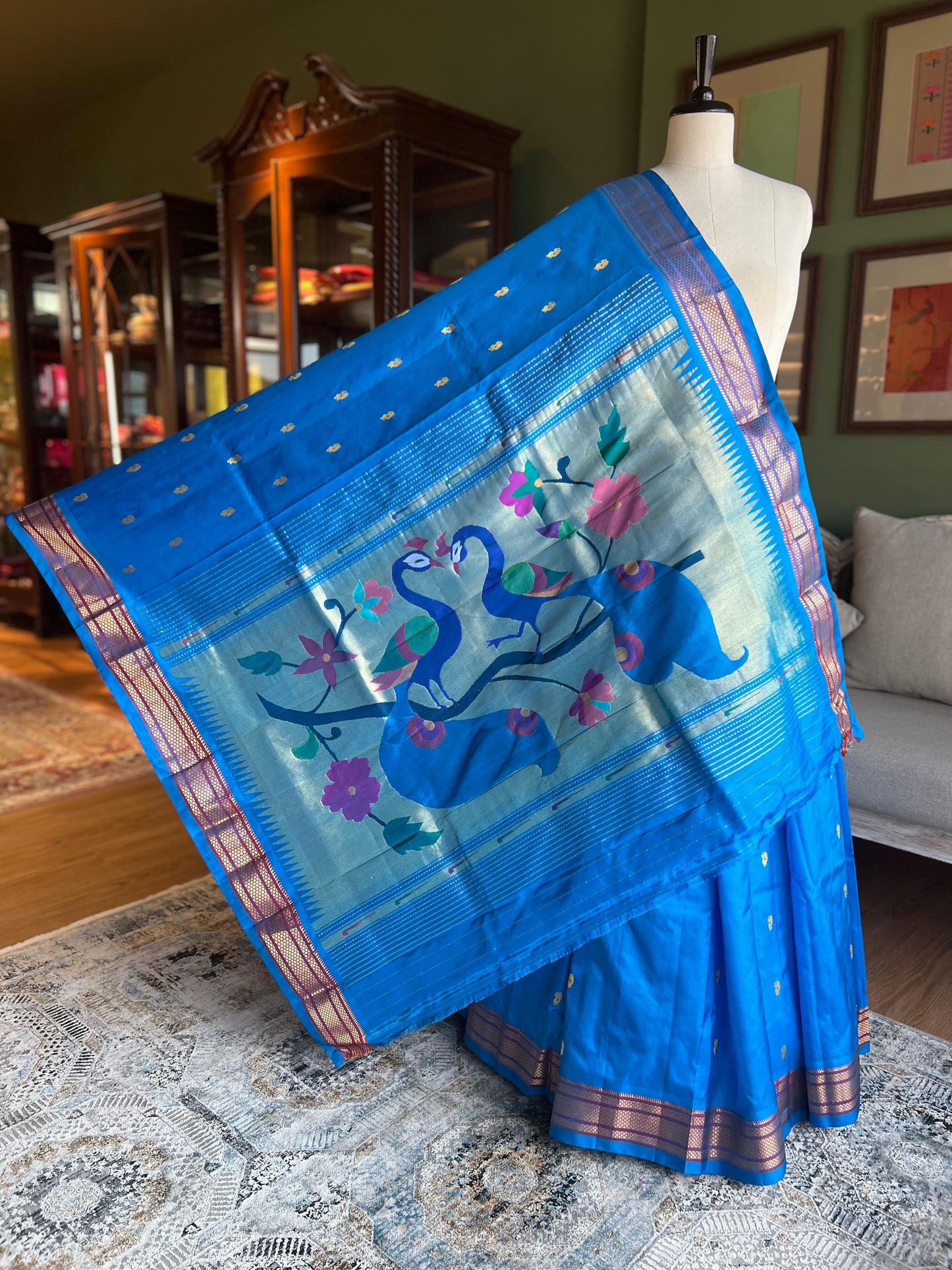 Blue Paithani with Contrast Border and Large Peacock Pallu