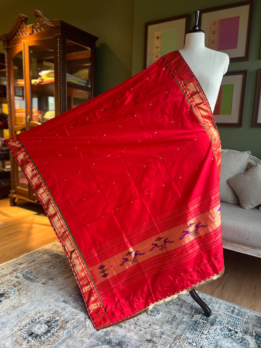 Red Dupatta with Narali Border, Peacock Pallu and Edge Detailing