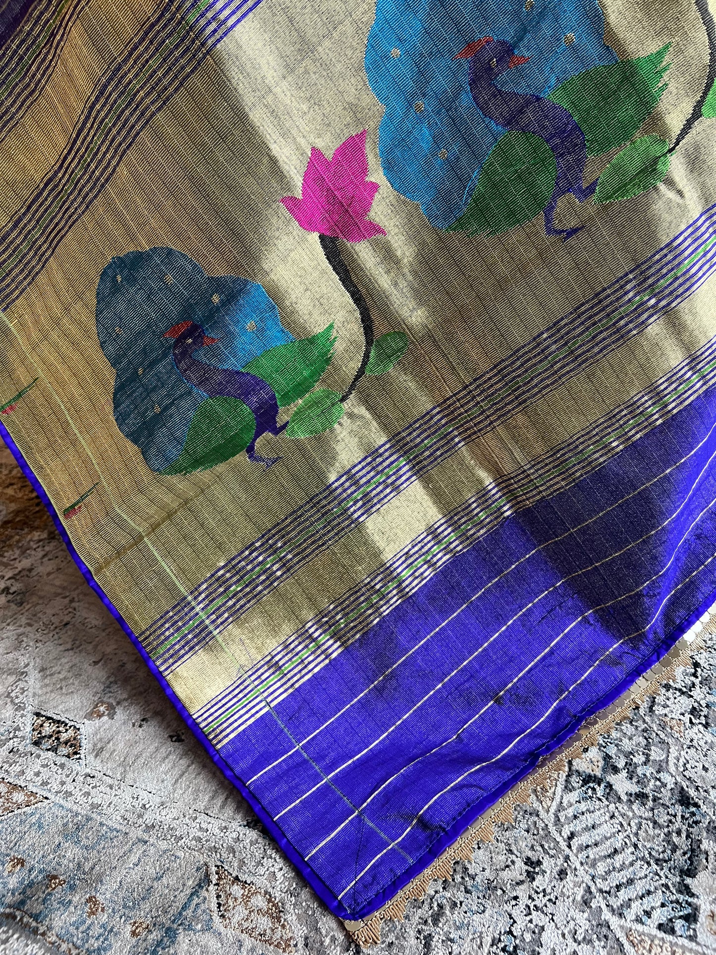 Indigo Dupatta with Muniya Border, Peacock Pallu and Edge Detailing