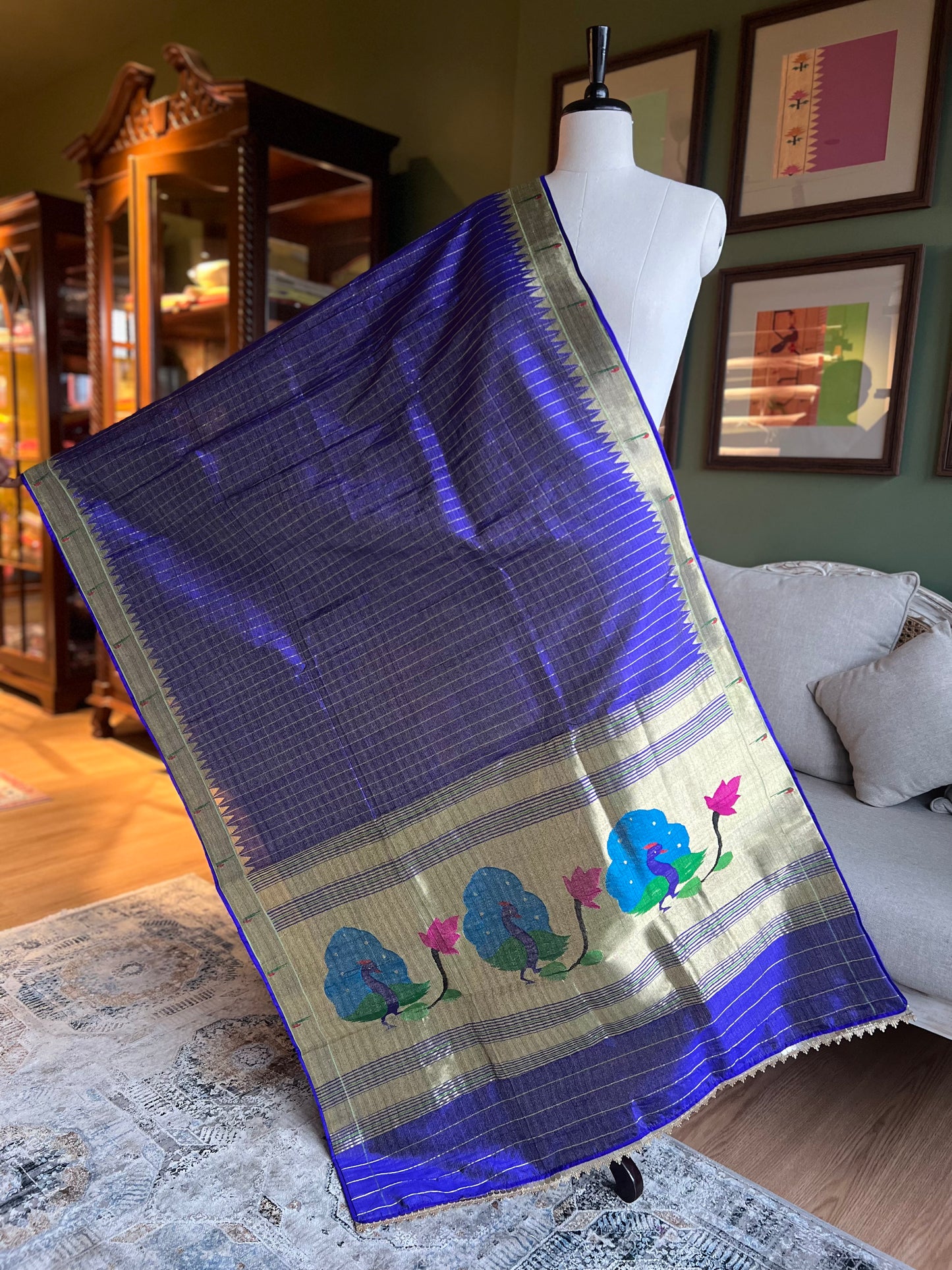Indigo Dupatta with Muniya Border, Peacock Pallu and Edge Detailing
