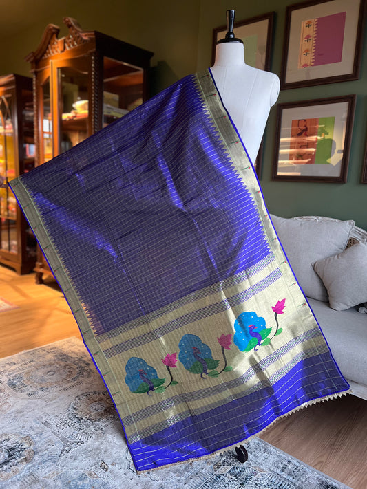 Indigo Dupatta with Muniya Border, Peacock Pallu and Edge Detailing
