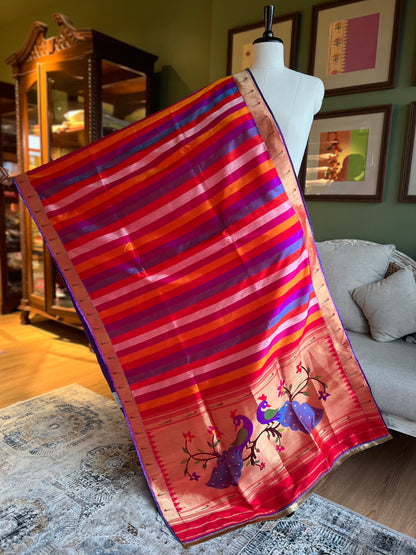 Multicoloured Dupatta with Muniya Border, Peacock Pallu and Edge Detailing