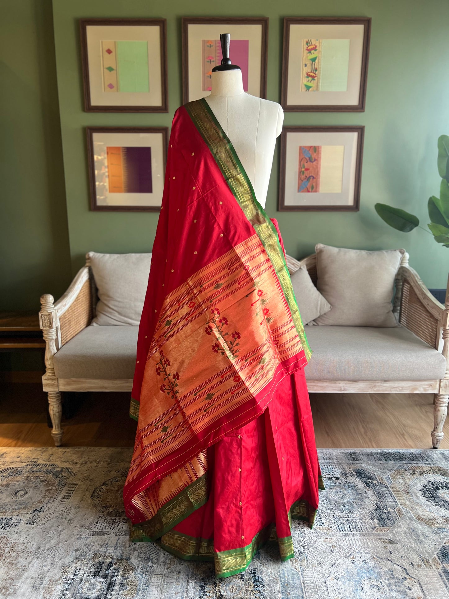 Red Paithani with Contrast Border and Delicate Asavali Pallu