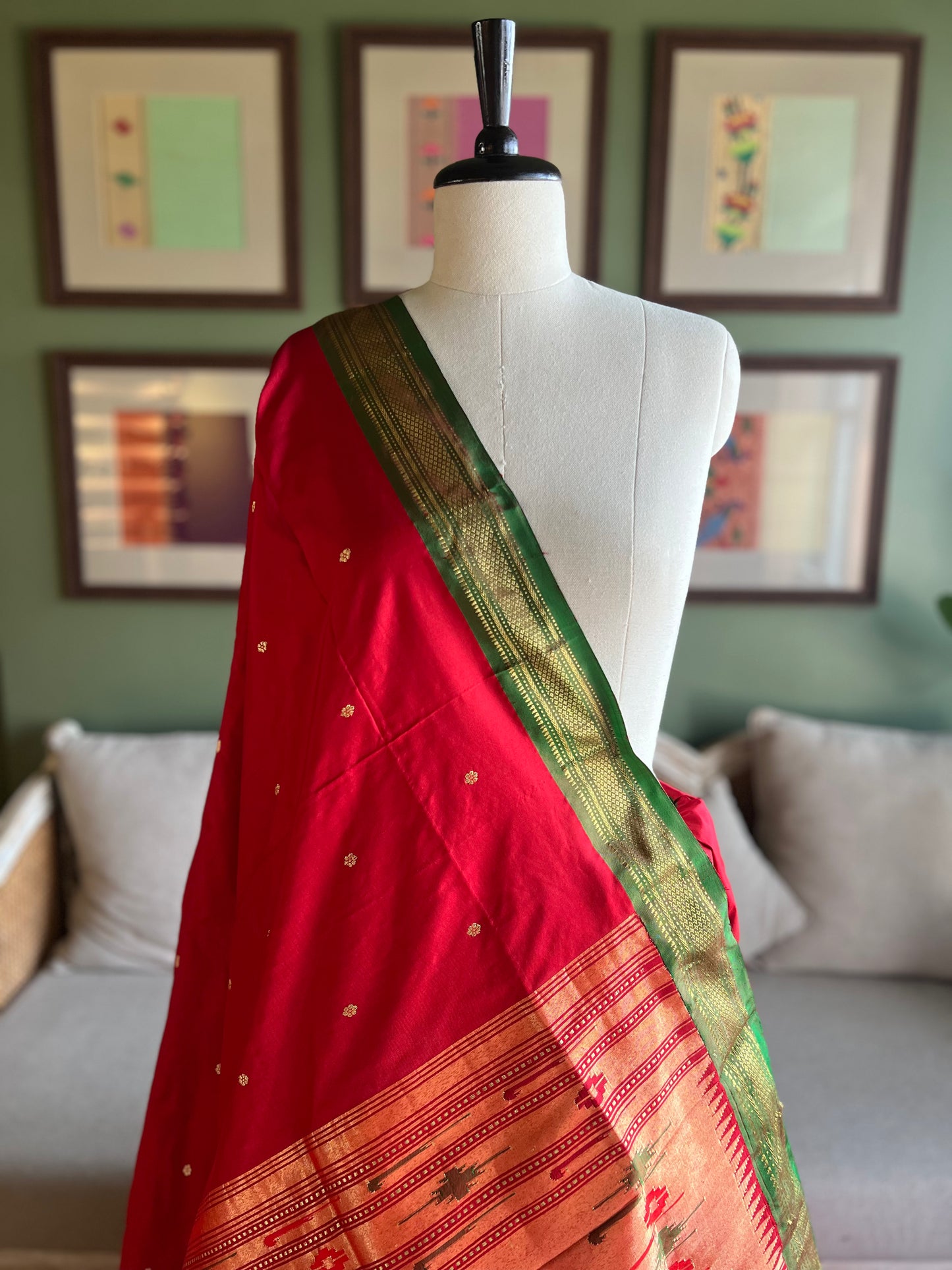 Red Paithani with Contrast Border and Delicate Asavali Pallu