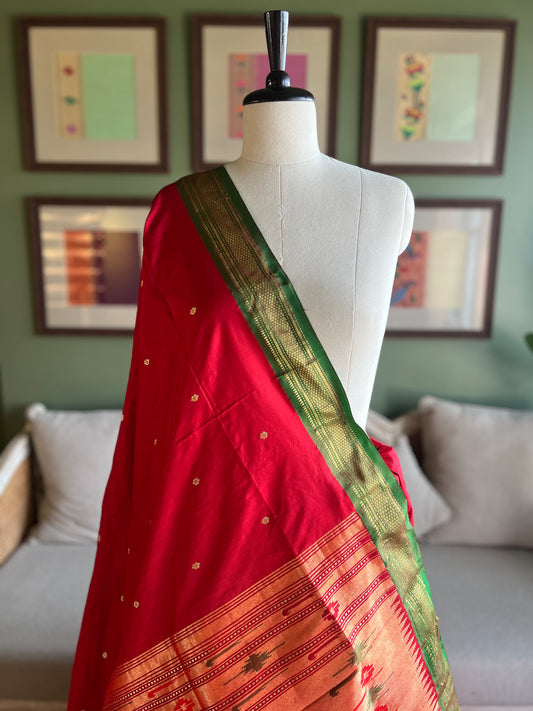 Red Paithani with Contrast Border and Delicate Asavali Pallu