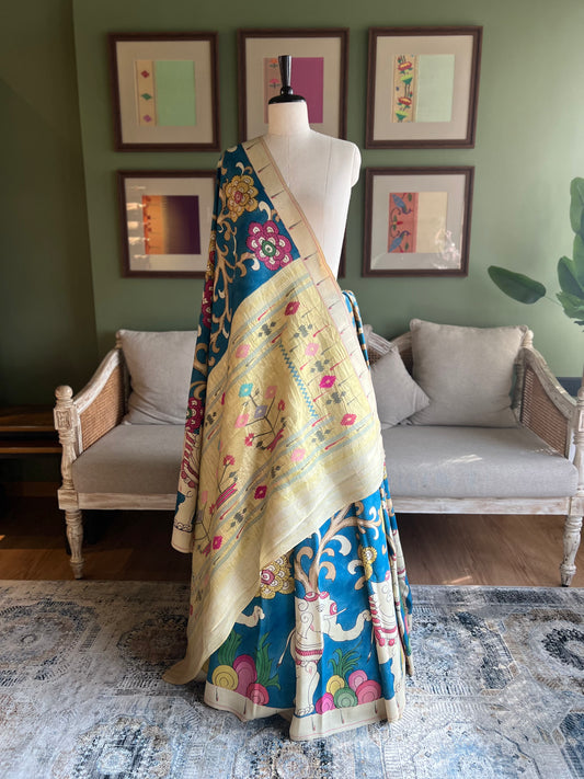 Blue Kalamkari x Paithani with Asavali Pallu