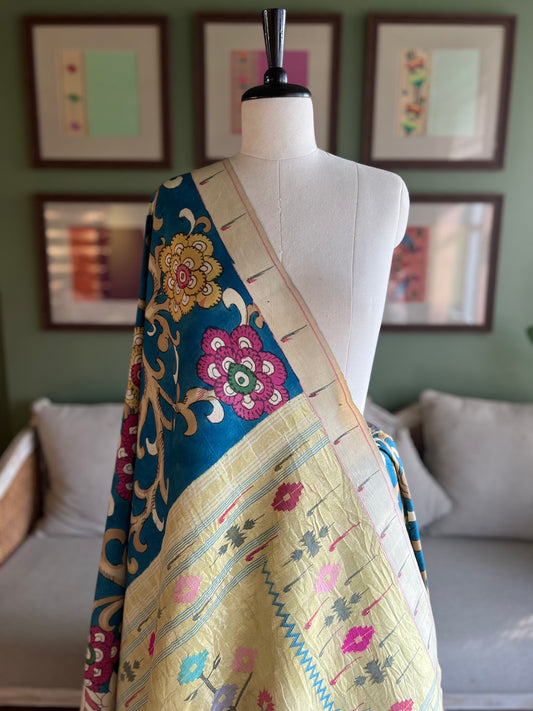 Blue Kalamkari x Paithani with Asavali Pallu