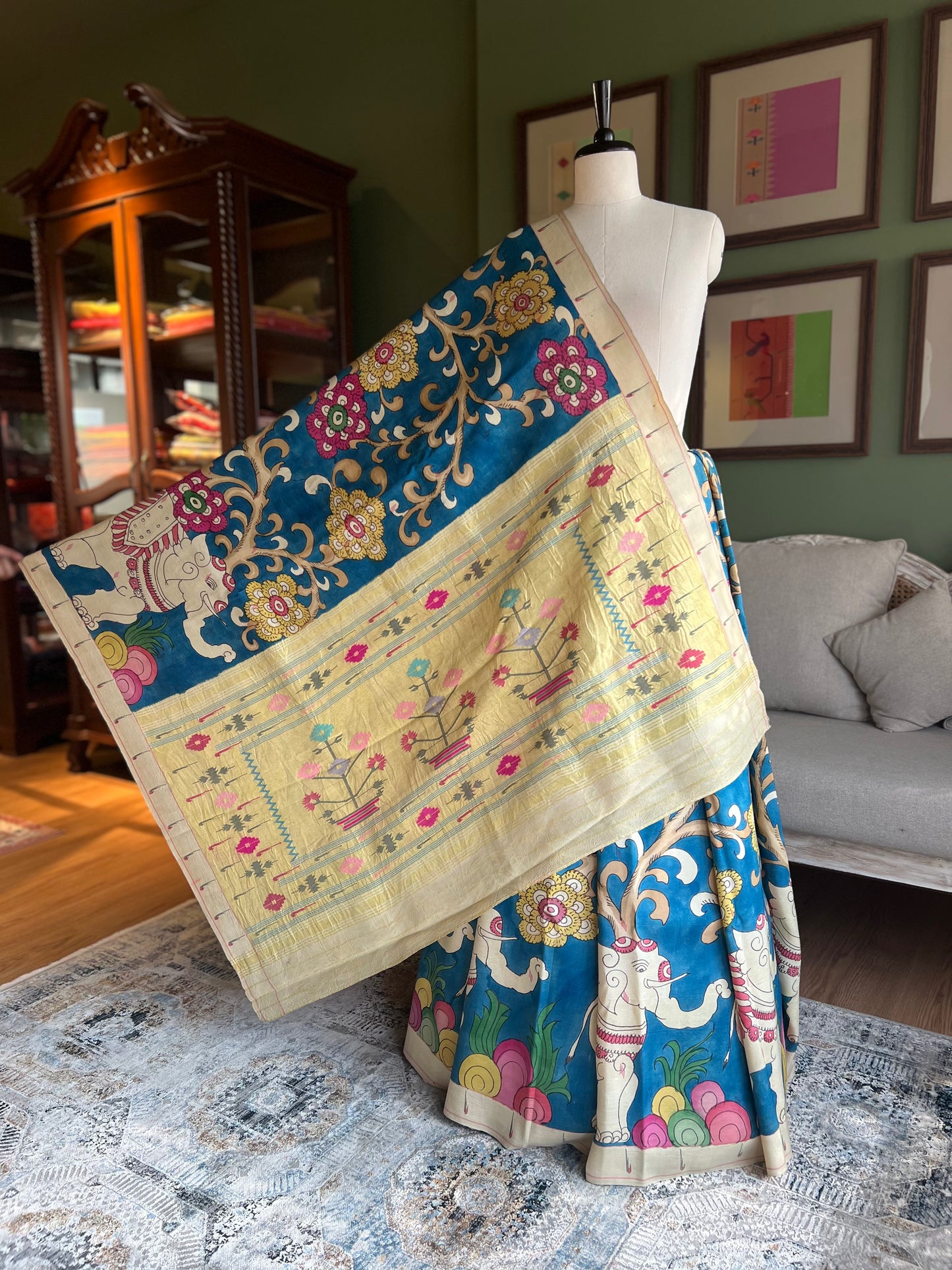 Blue Kalamkari x Paithani with Asavali Pallu