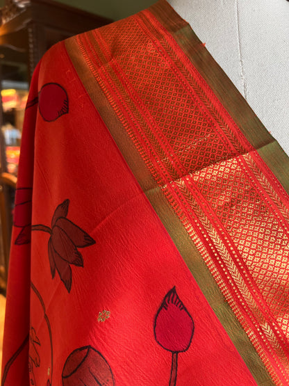 Red Kalamkari x Paithani Dupatta with Peacock Pallu