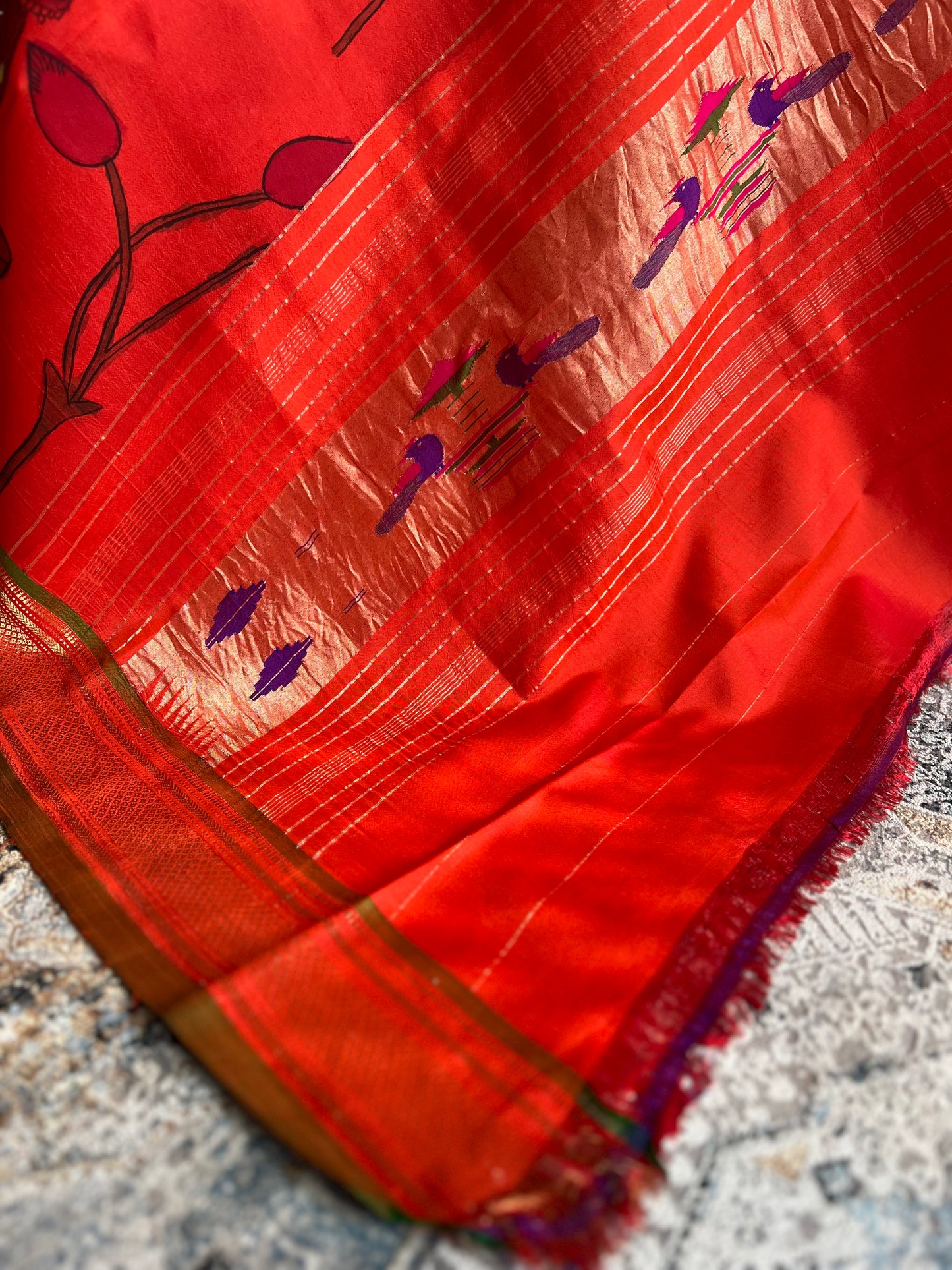 Red Kalamkari x Paithani Dupatta with Peacock Pallu