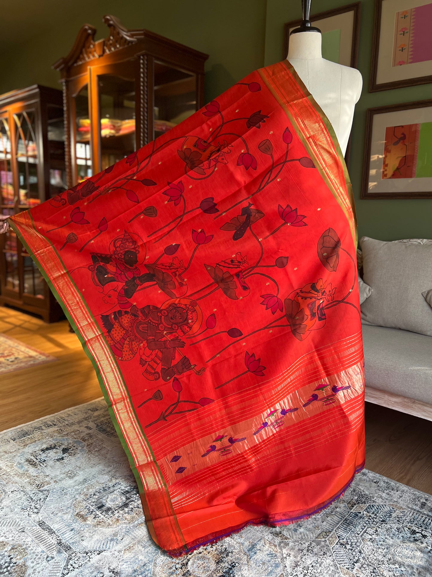 Red Kalamkari x Paithani Dupatta with Peacock Pallu