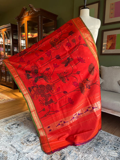Red Kalamkari x Paithani Dupatta with Peacock Pallu