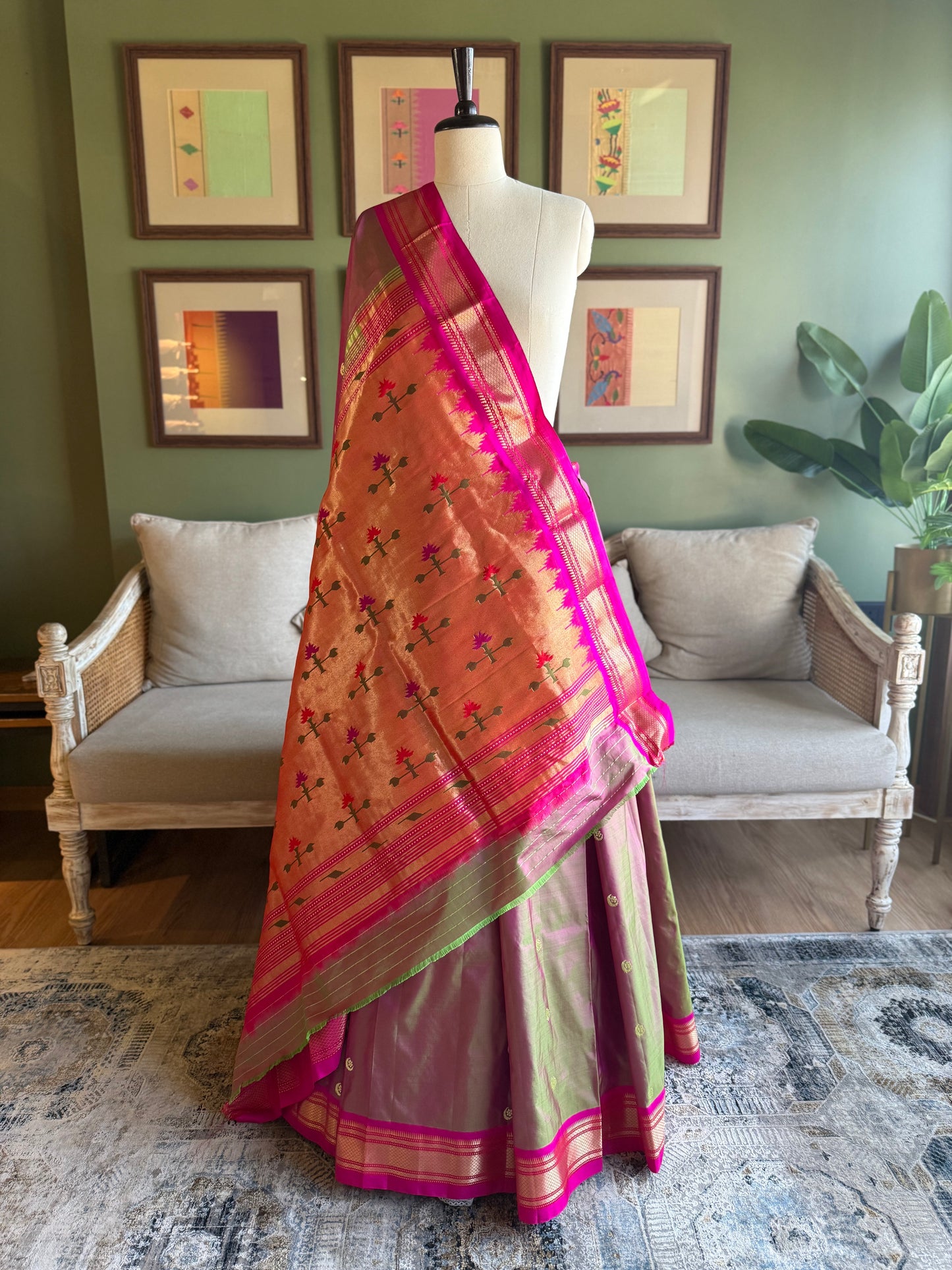 Pink x Green Paithani with Contrast Border and Asavali Pallu