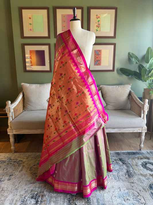Pink x Green Paithani with Contrast Border and Asavali Pallu