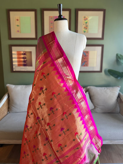 Pink x Green Paithani with Contrast Border and Asavali Pallu