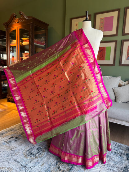 Pink x Green Paithani with Contrast Border and Asavali Pallu