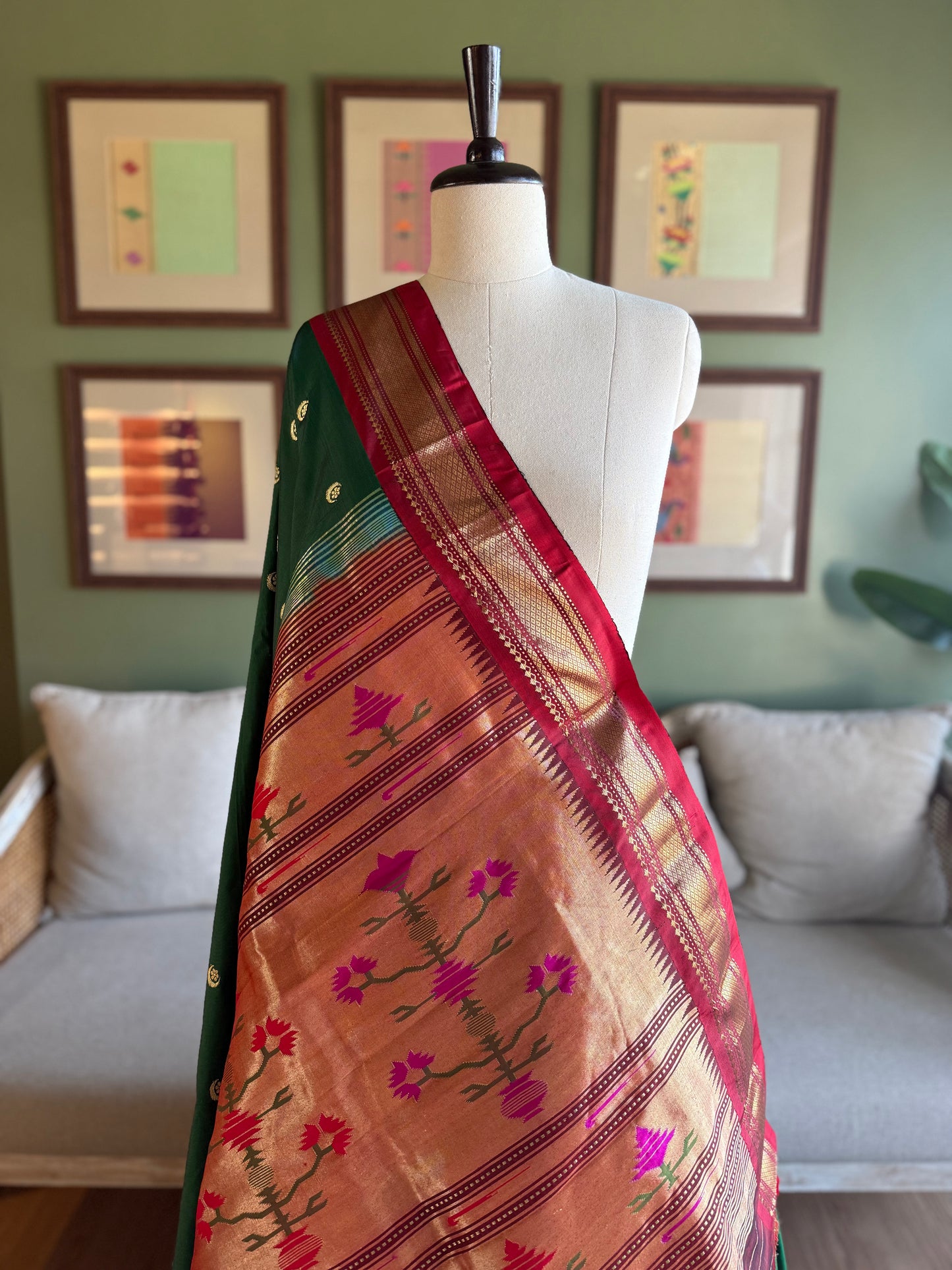 Dark Green Paithani with Contrast Border and Asavali Pallu