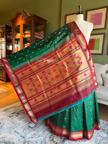 Dark Green Paithani with Contrast Border and Asavali Pallu