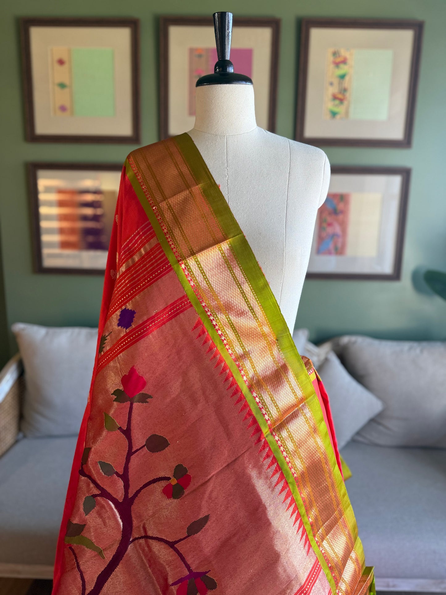 OrangexPink Paithani with Contrast Border and Tree of Life Pallu