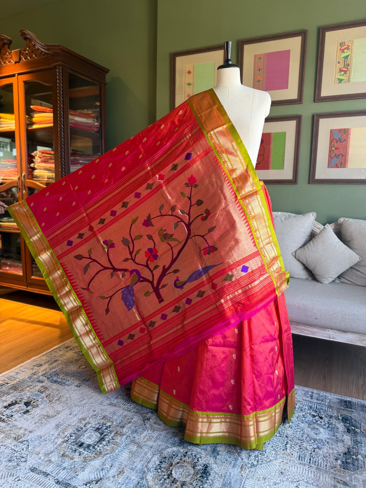OrangexPink Paithani with Contrast Border and Tree of Life Pallu