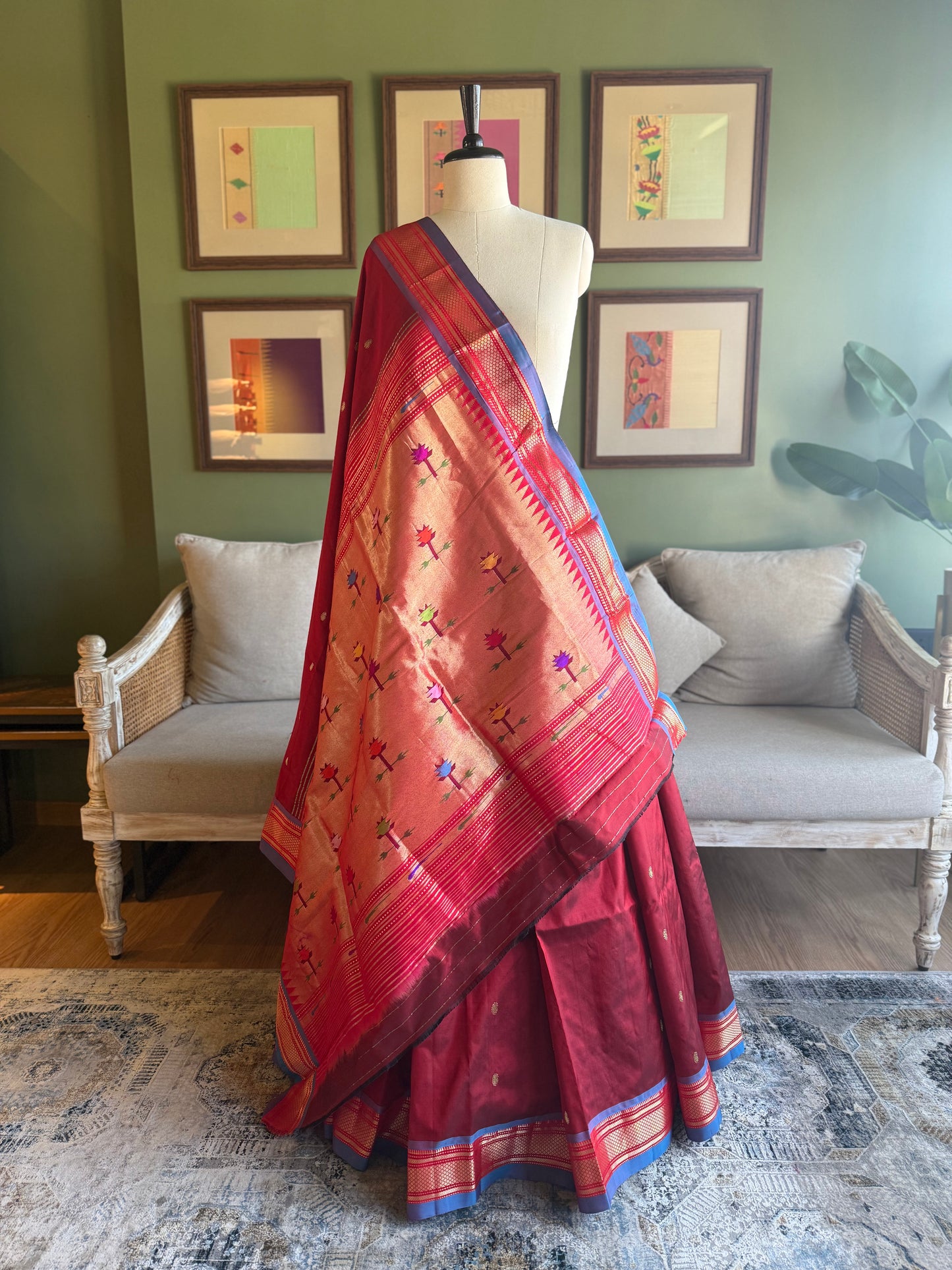 Maroon Paithani with Contrast Border and Asavali Pallu