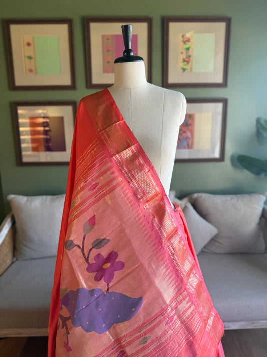 Peachy Pink Paithani with Large Peacock Pallu