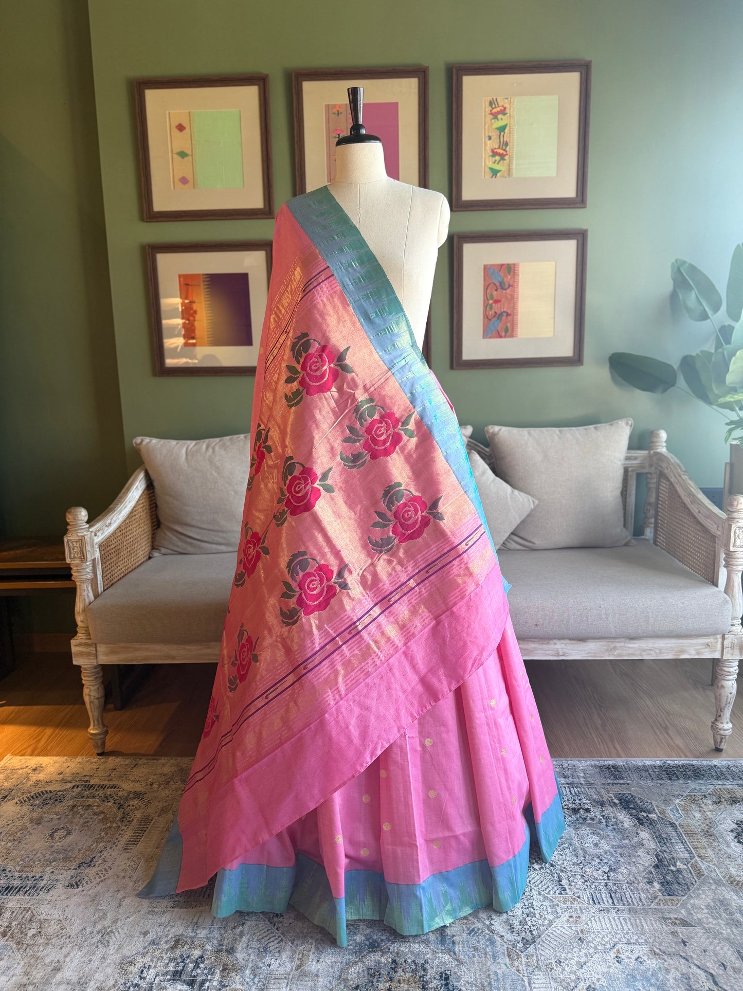 Pink & Blue Paithani with Panja Border & Rose Pallu