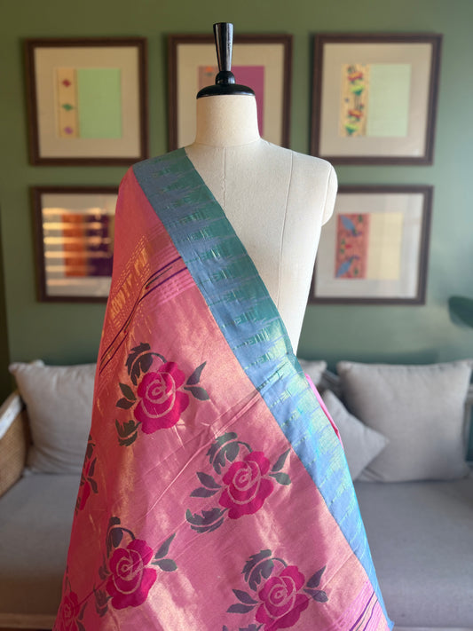 Pink & Blue Paithani with Panja Border & Rose Pallu