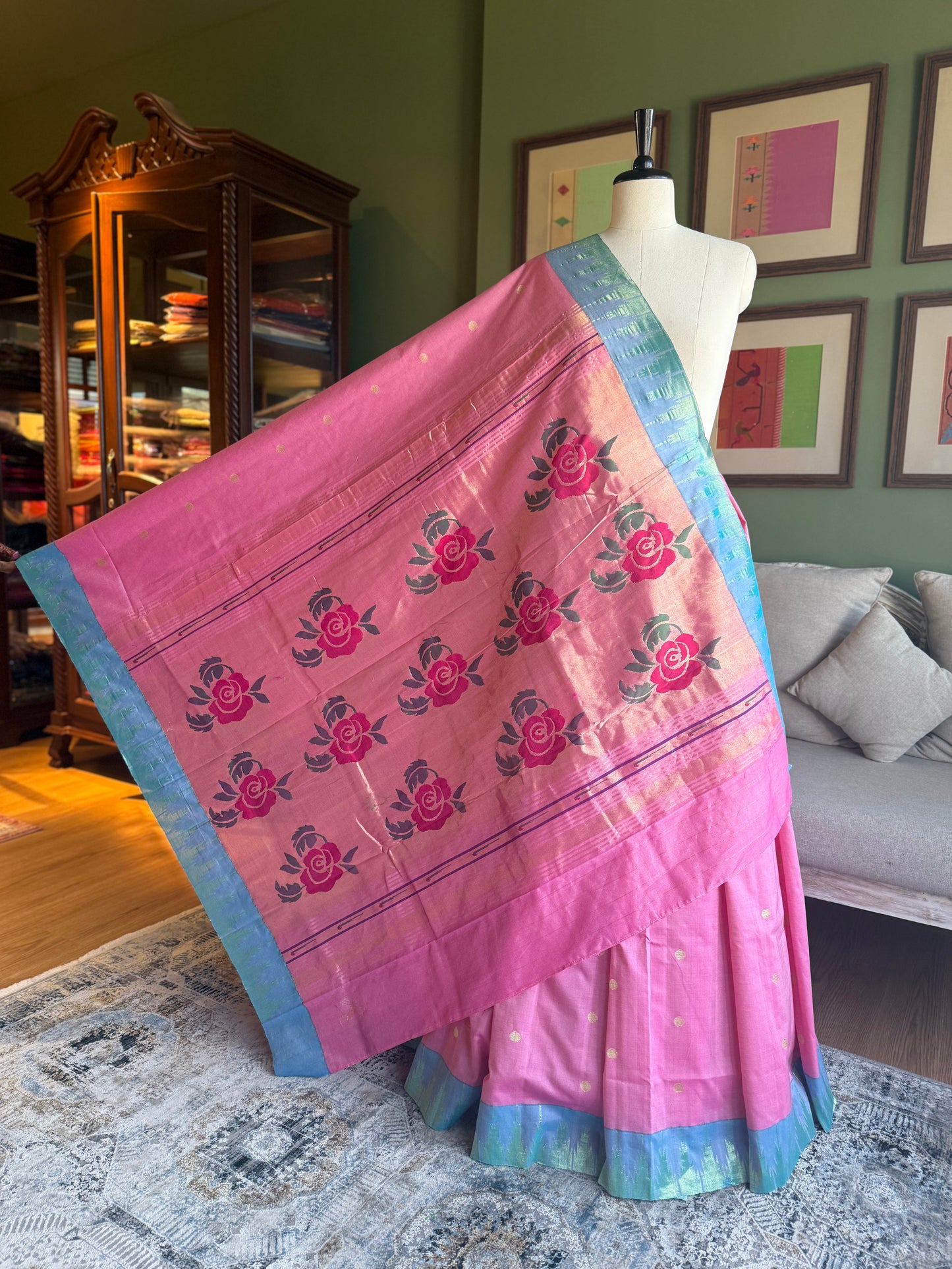 Pink & Blue Paithani with Panja Border & Rose Pallu