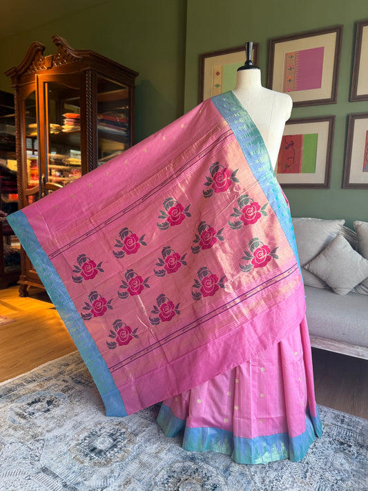 Pink & Blue Paithani with Panja Border & Rose Pallu
