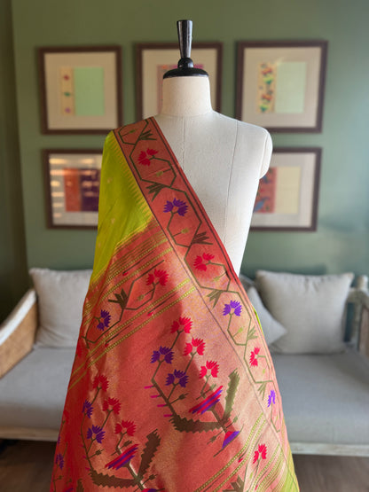 Parrot Green Paithani with Asavali Border and Pallu