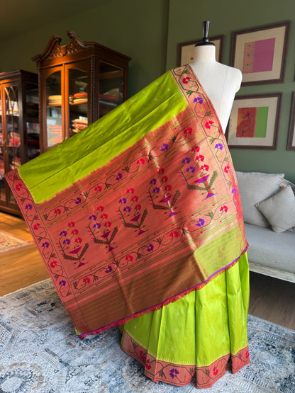 Parrot Green Paithani with Asavali Border and Pallu