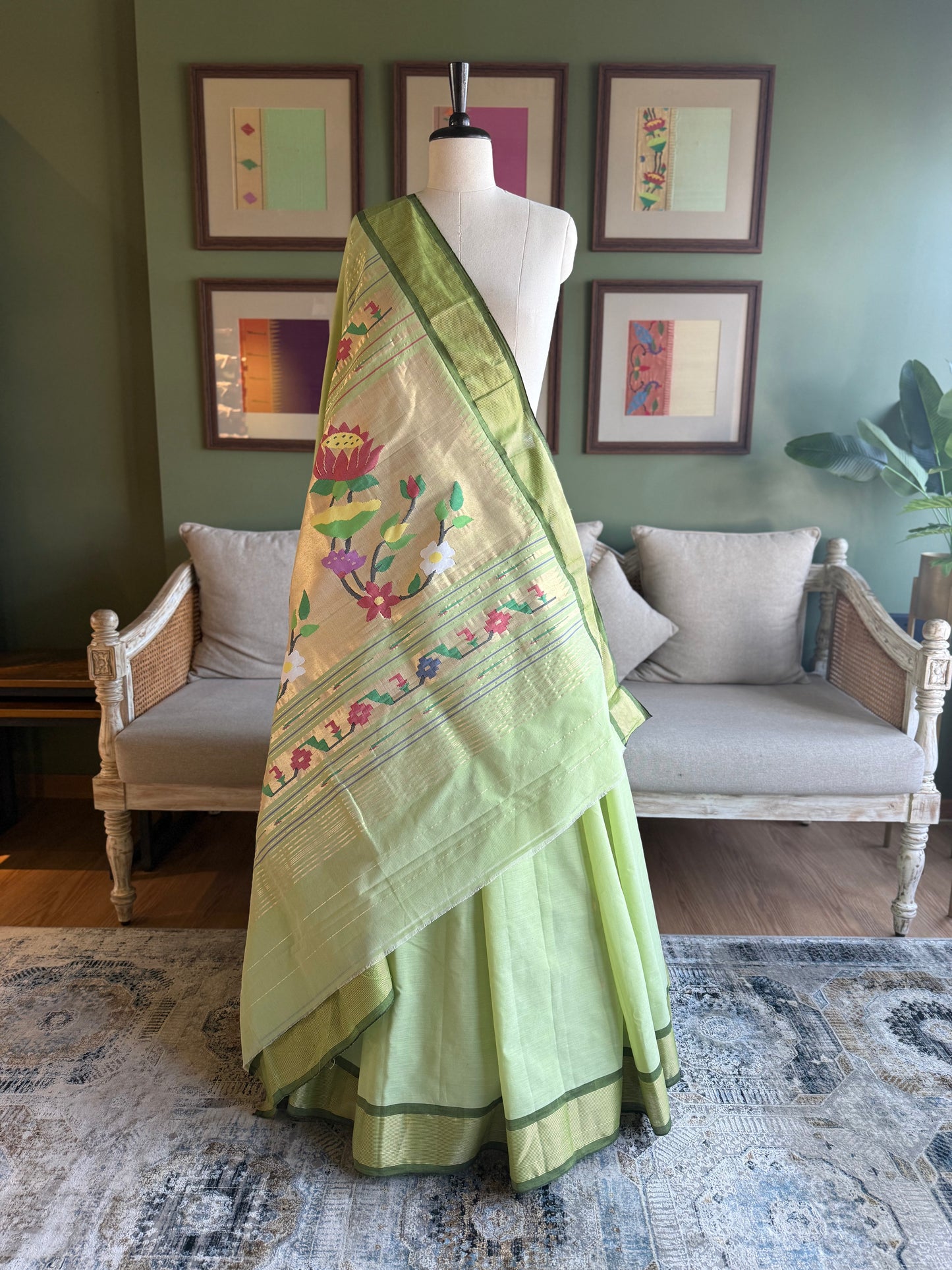 Pista Green Cotton Paithani with Lotus Pallu