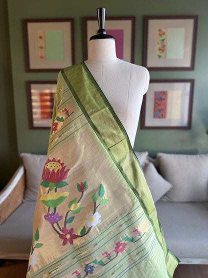 Pista Green Cotton Paithani with Lotus Pallu