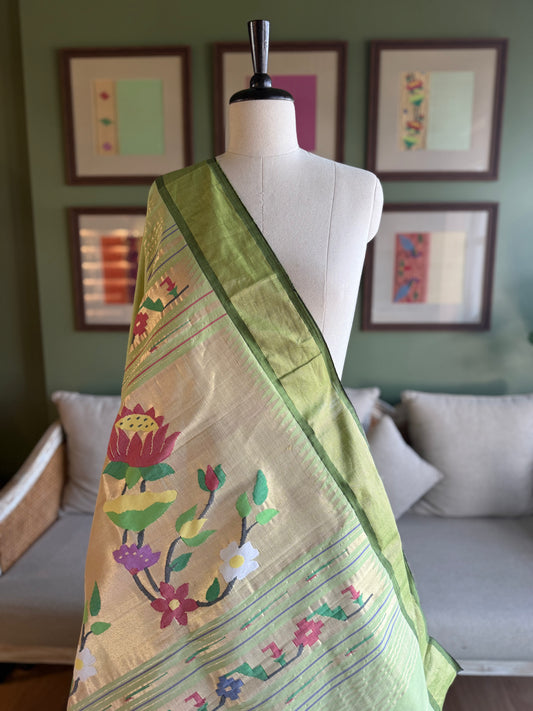 Pista Green Cotton Paithani with Lotus Pallu
