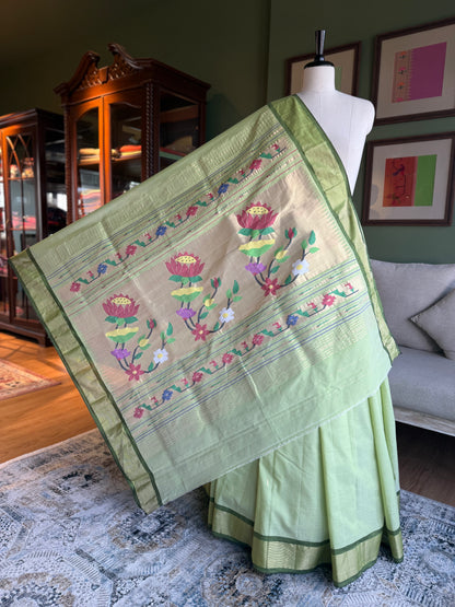 Pista Green Cotton Paithani with Lotus Pallu