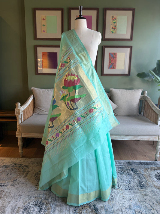 Aqua Blue Cotton Paithani with Lotus Pallu