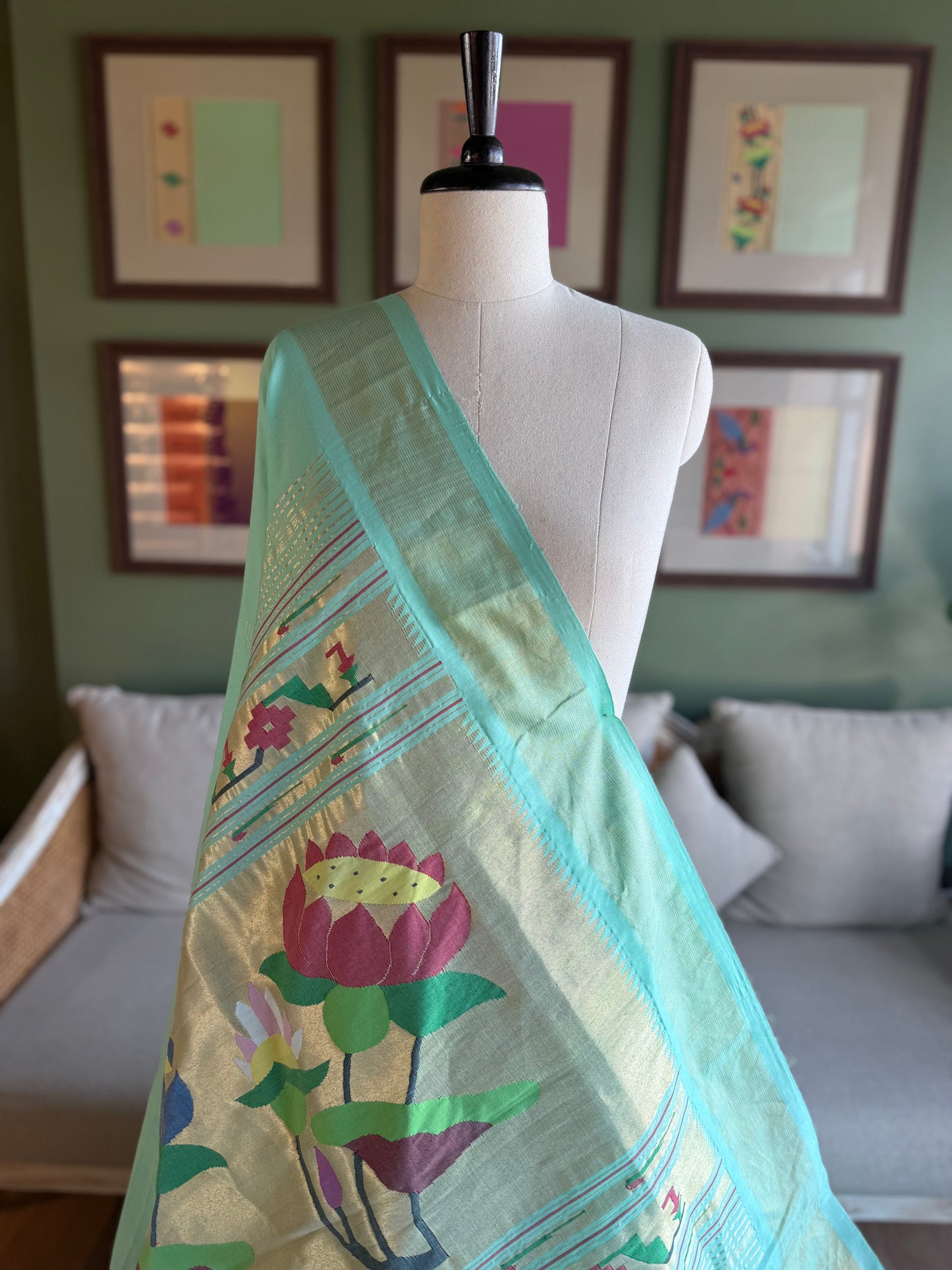 Aqua Blue Cotton Paithani with Lotus Pallu