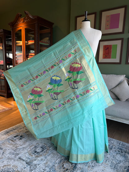 Aqua Blue Cotton Paithani with Lotus Pallu