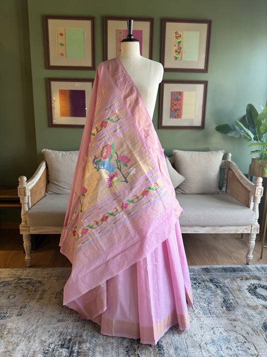 Baby Pink Cotton Paithani with Peacock Pallu