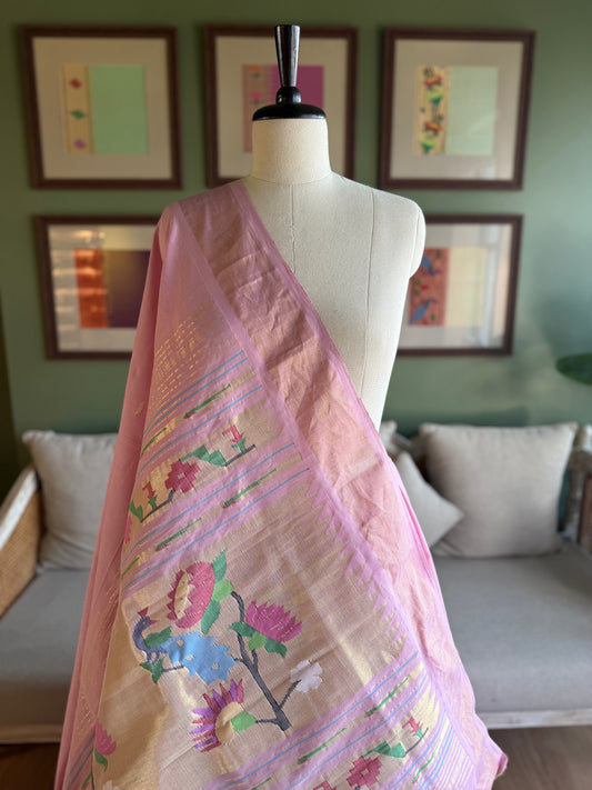 Baby Pink Cotton Paithani with Peacock Pallu