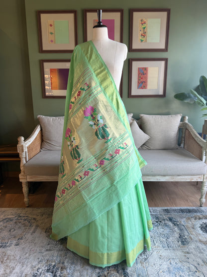 Light Green Cotton Paithani with Floral Pallu