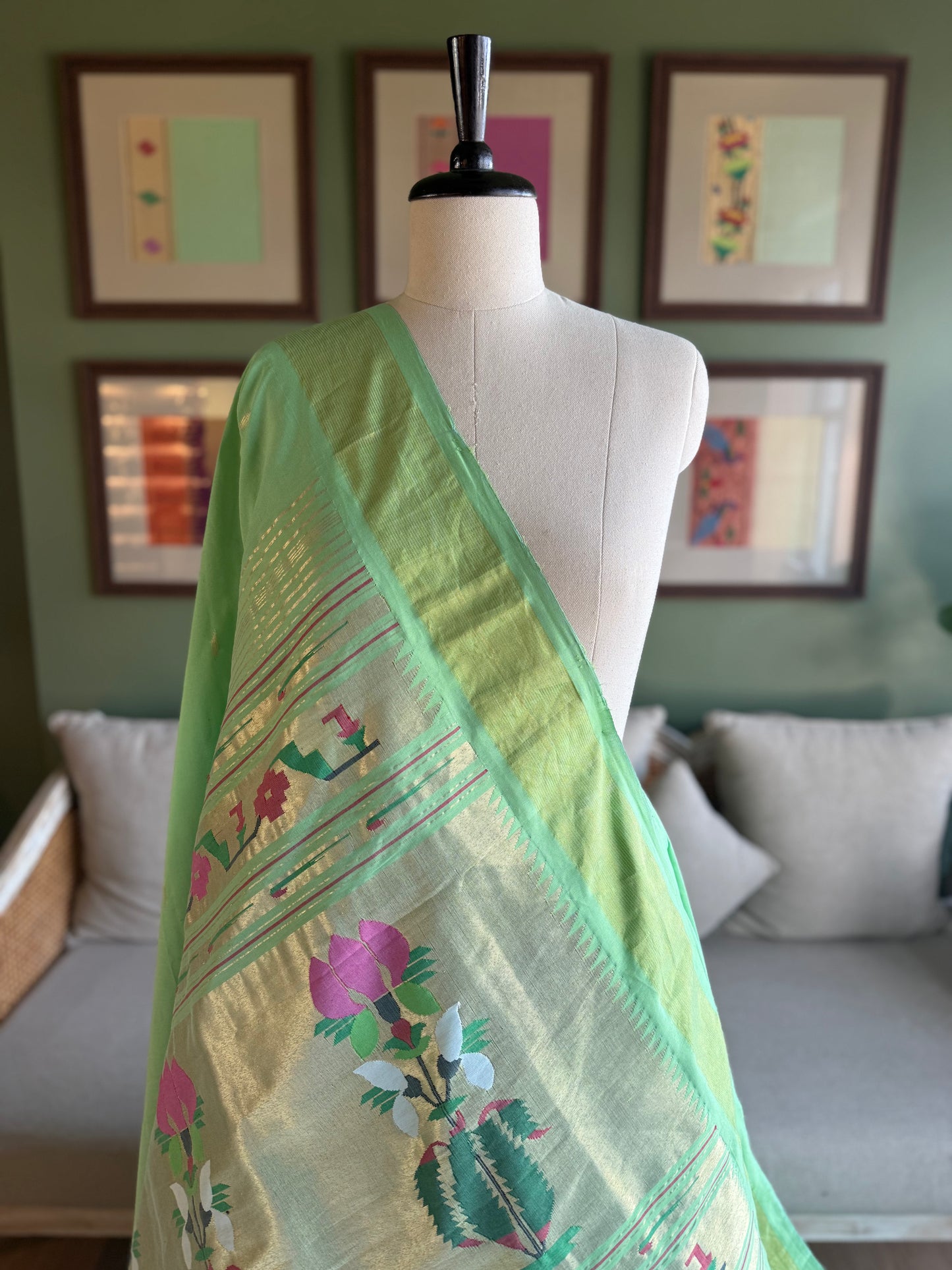 Light Green Cotton Paithani with Floral Pallu