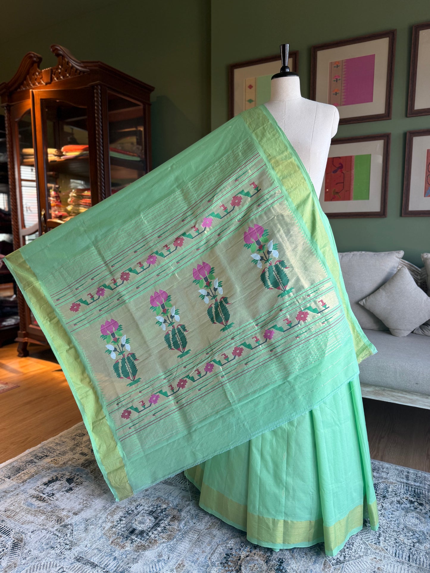 Light Green Cotton Paithani with Floral Pallu