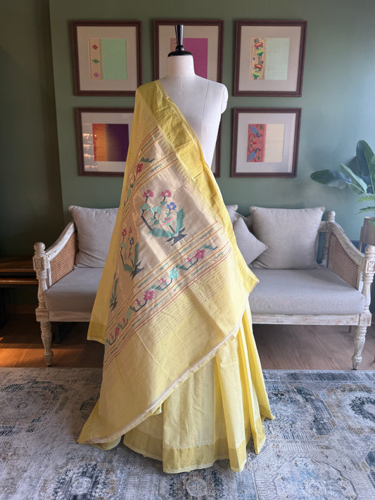 Light Yellow Cotton Paithani with Asavali Pallu