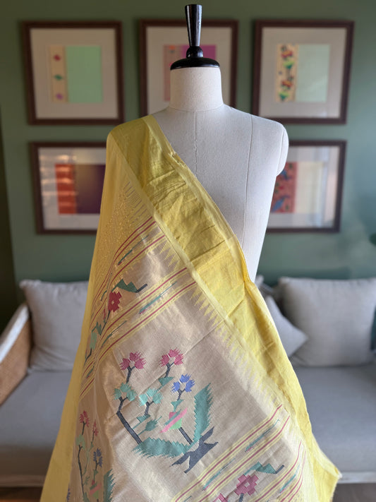 Light Yellow Cotton Paithani with Asavali Pallu