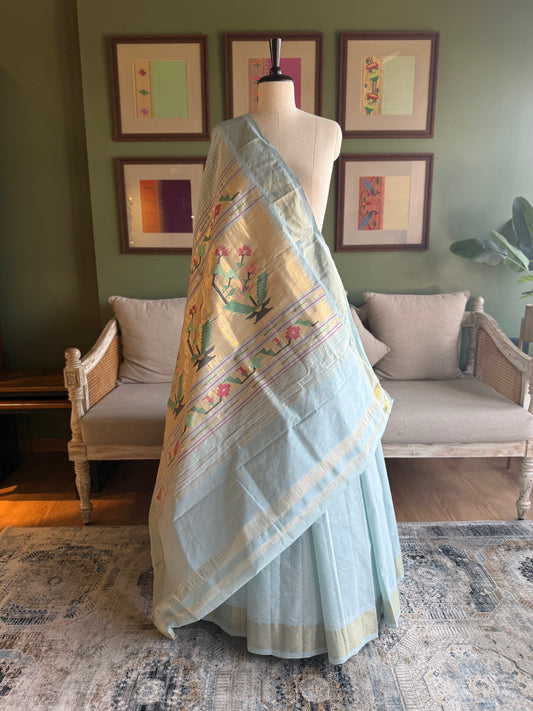 Pale Blue Cotton Paithani with Asavali Pallu