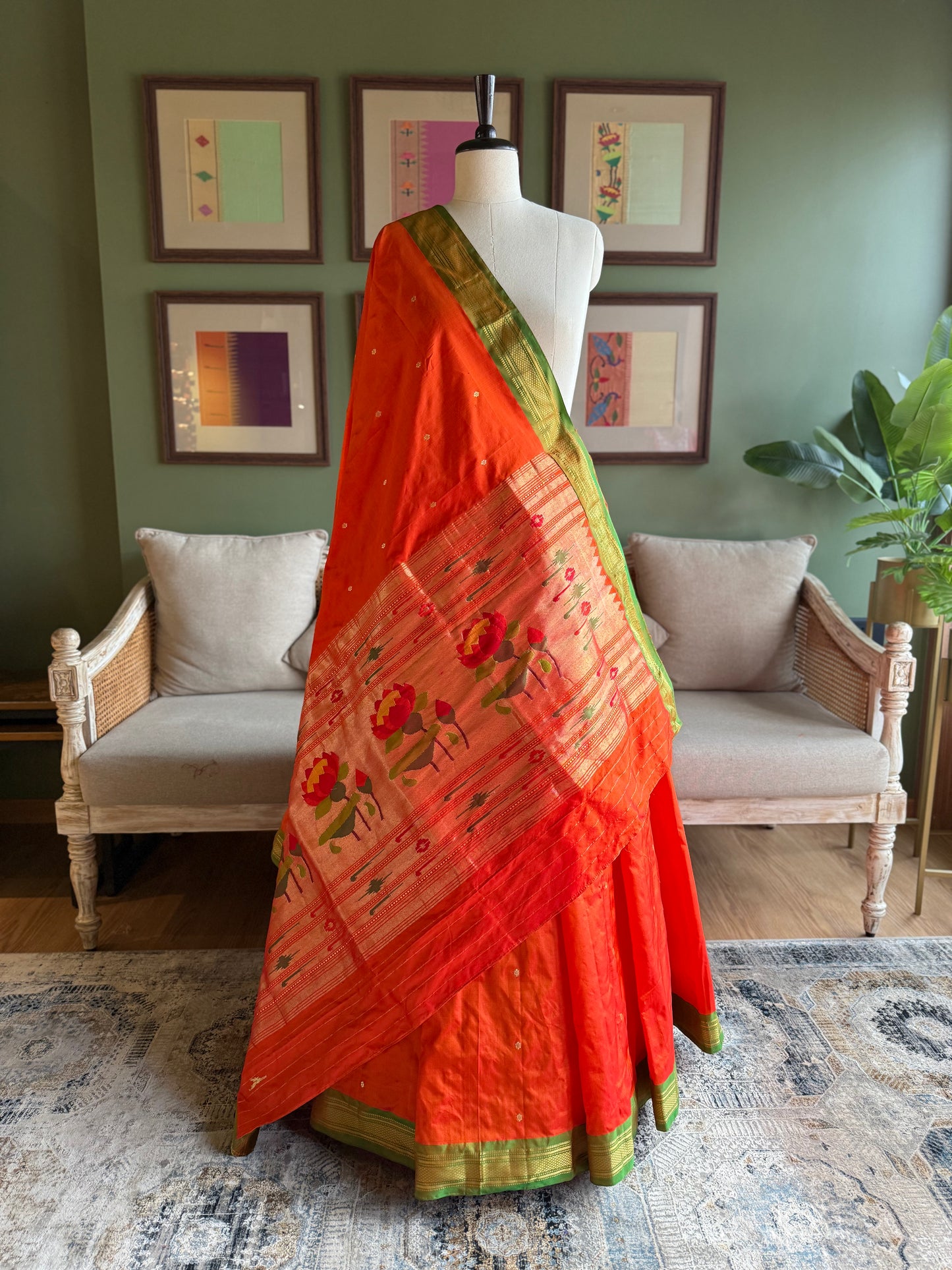 Orange Paithani with Contrast Border and Delicate Lotus Pallu