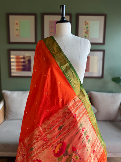 Orange Paithani with Contrast Border and Delicate Lotus Pallu