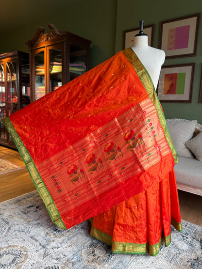 Orange Paithani with Contrast Border and Delicate Lotus Pallu